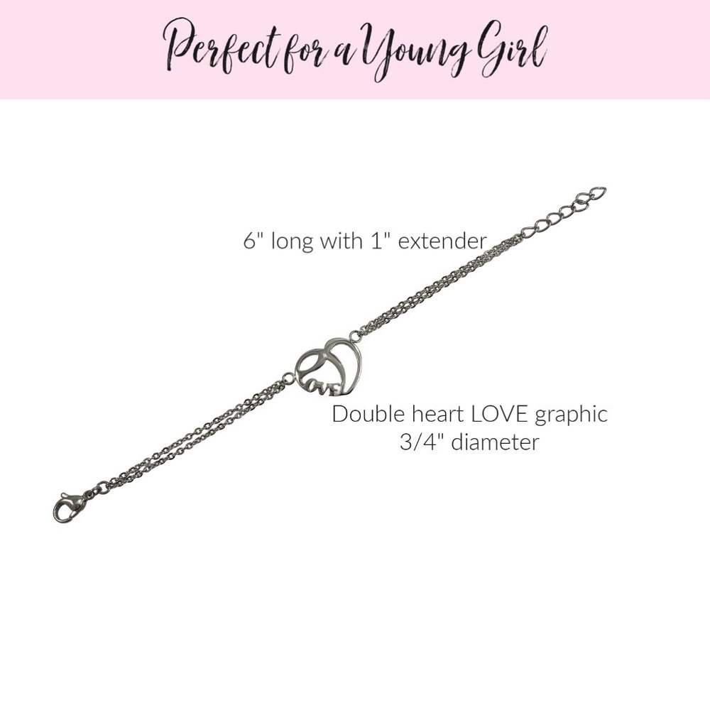 Double Heart Love Graphic Bracelet Child Size Stainless Steel - Picture 3 of 3